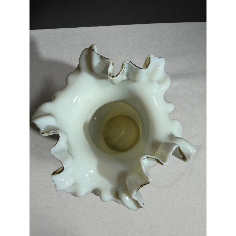 Vintage Bristol Opaque Glass Ruffled Vase Hand Painted Floral Gold Trim